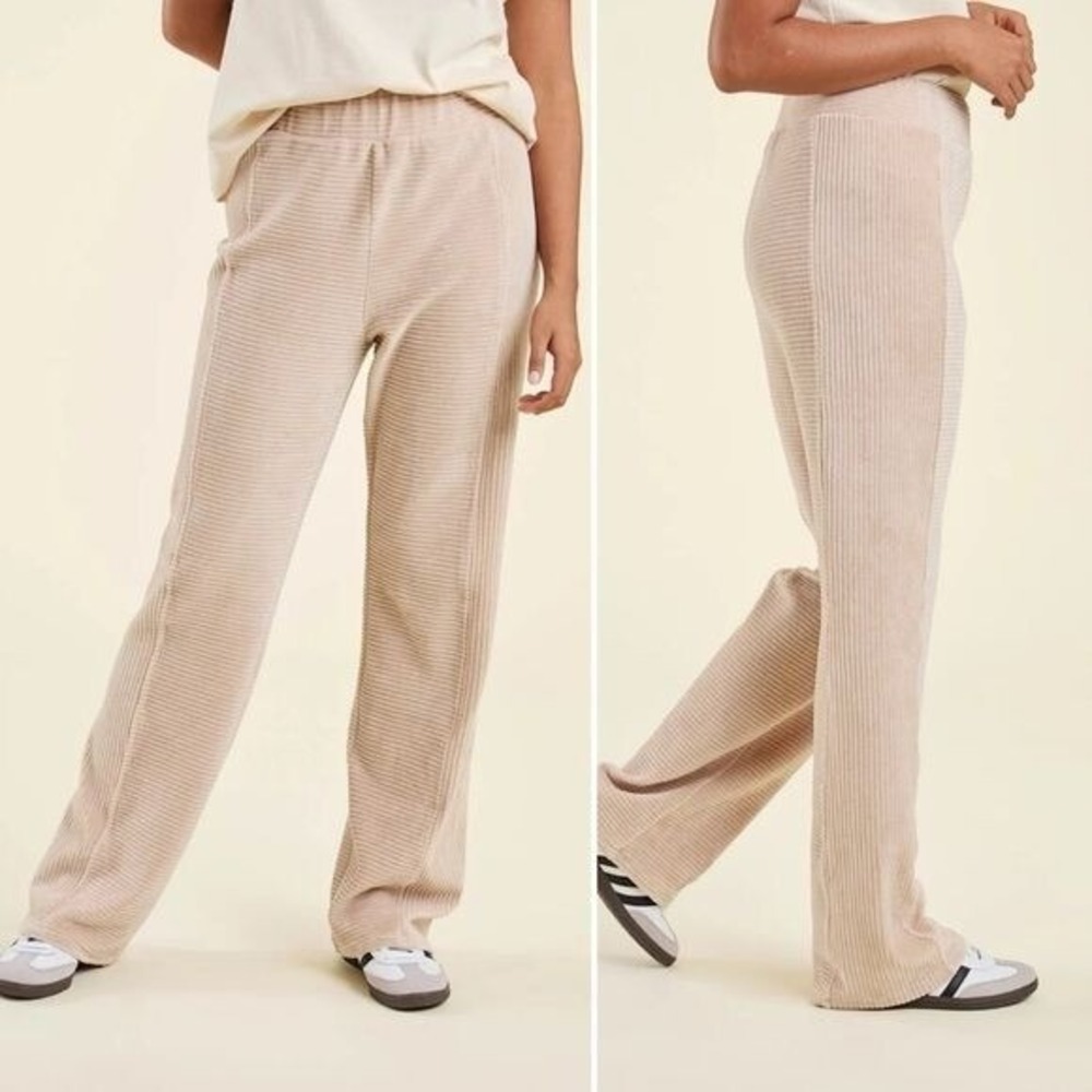 Nuuds Ribbed Corduroy Wide Leg Lounge Pants Beige Sand High Waist XS